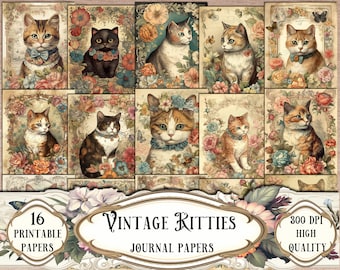 Vintage Kitties Journal Papers: Printable Scrapbook Kit (Digital Download)