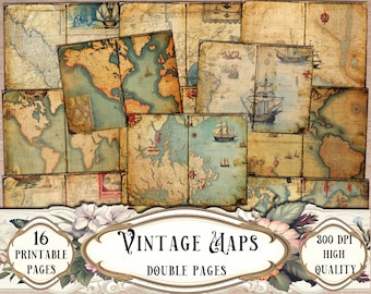 Vintage Maps Double Journal Pages, Junk Journal Kit, Printable Papers, Digital Papers, Ephemera, Scrapbooking, Scrapbook Supplies, Craft