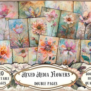 Mídia mista flores páginas duplas de diário, kit de diário lixo, papéis imprimíveis, papéis digitais, coisas efêmeras, scrapbooking, suprimentos para scrapbook