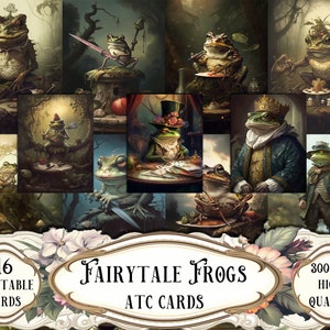 May include: A set of 16 printable ATC cards featuring whimsical illustrations of frogs in various settings. The cards are 300 DPI and high quality, perfect for crafting or decorating.