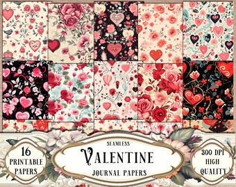Valentine Floral Junk Journal Paper: Seamless Scrapbook Kit (Digital Download)