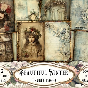 Belles pages de journal double d’hiver, kit de journal indésirable, papiers imprimables, papiers numériques, éphémères, scrapbooking, fournitures de scrapbooking, cartes