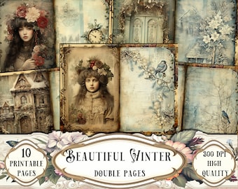 Winter Junk Journal Kit: Printable Double Pages, Ephemera (Digital Download)