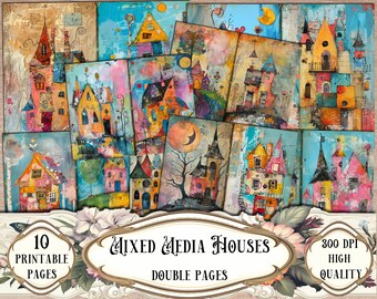 Mixed Media Houses Journal Double Pages: Printable Ephemera Kit (Digital Download)