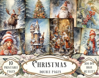 Puede incluir: Un collage de 10 páginas imprimibles con temática navideña que presenta ilustraciones de un pueblo nevado, un árbol de Navidad, Papá Noel y niños. El texto "CHRISTMAS DOUBLE PAGES" se muestra en la parte inferior del collage.