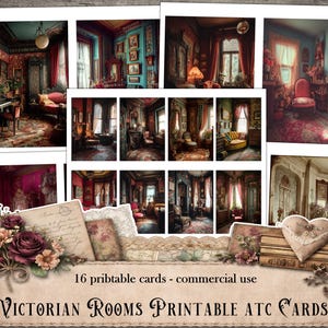 May include: A collection of 16 printable Victorian room ATC cards. The cards feature detailed illustrations of antique rooms with furniture, decor, and architectural details. The cards are arranged on a white background with floral accents and text.
