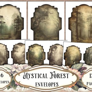 May include: A collection of 16 envelopes and 12 pages featuring a mystical forest design. The envelopes and pages have a vintage aesthetic with illustrations of trees and a foggy forest. The text "Mystical Forest Envelopes" is displayed in an ornate font.