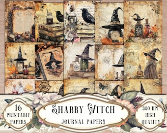 Puede incluir: 16 papeles digitales imprimibles con un estilo vintage y shabby chic con temática de brujas. Los papeles incluyen imágenes de brujas, cuervos, pociones y otros elementos mágicos. Los papeles son de 300 DPI y de alta calidad.