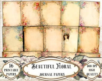 Op de afbeelding: Set van 16 printbare journal papers met een vintage bloemenontwerp met delicate rozen en een vervaagde achtergrond. De papieren zijn 300 DPI en van hoge kwaliteit.