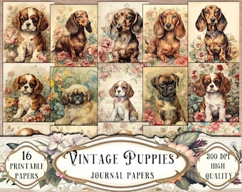Vintage Puppies Journal Papers: Printable Scrapbook Kit (Digital Download)