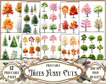 Trees Fussy Cuts, Printable Stickers, Junk Journal Kit, Printable Ephemera, Scrapbooking, Scrapbook Supplies, Collage Sheets, Card Making