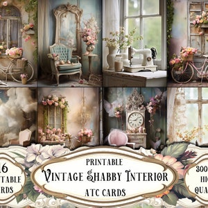 Vintage Shabby Interior Printable ATC Cards, Junk Journal Kit, Scrapbooking, Scrapbook Supplies, Card Making, Ephemera, Collage Sheets Craft