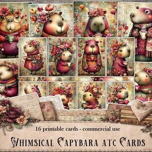 May include: A collage of 16 printable cards featuring whimsical capybara illustrations. The capybaras are depicted with floral crowns, holding cups, and wearing scarves. The cards have a vintage aesthetic with a decorative banner at the bottom.