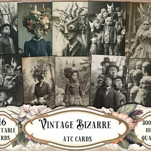Puede incluir: Conjunto de 16 tarjetas de intercambio de arte de estilo vintage imprimibles que presentan imágenes extrañas y surrealistas. Las tarjetas son de 300 DPI y de alta calidad. Las imágenes incluyen una variedad de temas, como personas con cabezas de animales, criaturas con rasgos humanos y otras cosas extrañas y maravillosas.