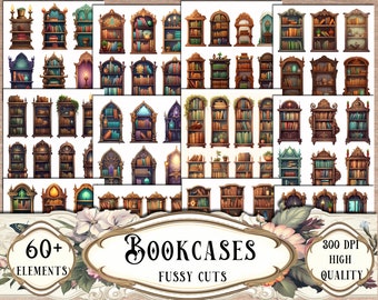 Bookcases Fussy Cuts, Printable Stickers, Junk Journal Kit, Printable Ephemera, Scrapbooking, Scrapbook Supplies, Collage Sheets, Craft