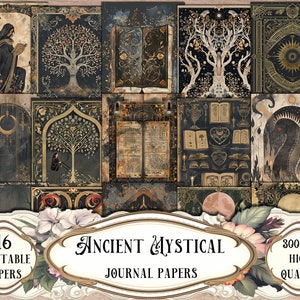 Papéis de diário imprimíveis místicos antigos, papéis digitais, kit de diário de lixo, folhas de colagem, suprimentos para scrapbook, scrapbooking, fabricação de cartões