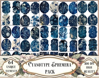 Cyanotype Ephemera Pack, Junk Journal Kit, Scrapbooking, Scrapbook Supplies, Junk Journal Supplies, Collage Sheets Kieskeurige Cuts, Print en Cut