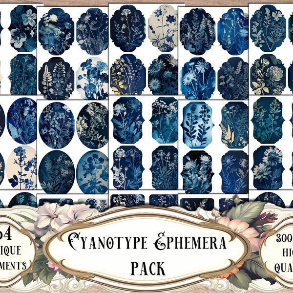 Cyanotype Ephemera Pack, Junk Journal Kit, Scrapbooking, Scrapbook Supplies, Junk Journal Supplies, Collage Sheets Fussy Cuts, Print and Cut