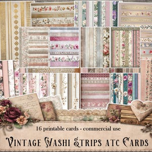 May include: A collection of 16 printable vintage washi strips ATC cards with floral and striped designs. The cards feature a variety of colors, including pink, gold, and green. The image includes a bouquet of flowers and a stack of books.
