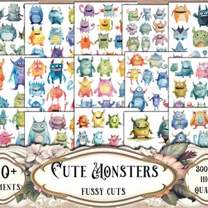 Cute Monsters Fussy Cuts, Printable Stickers, Junk Journal Kit, Printable Ephemera Scrapbooking, Scrapbook Supplies, Collage Sheets, Craft
