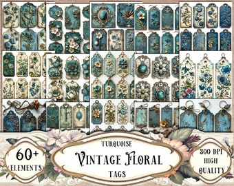 Turquoise Vintage Floral Tags: Junk Journal Ephemera (Digital Download)