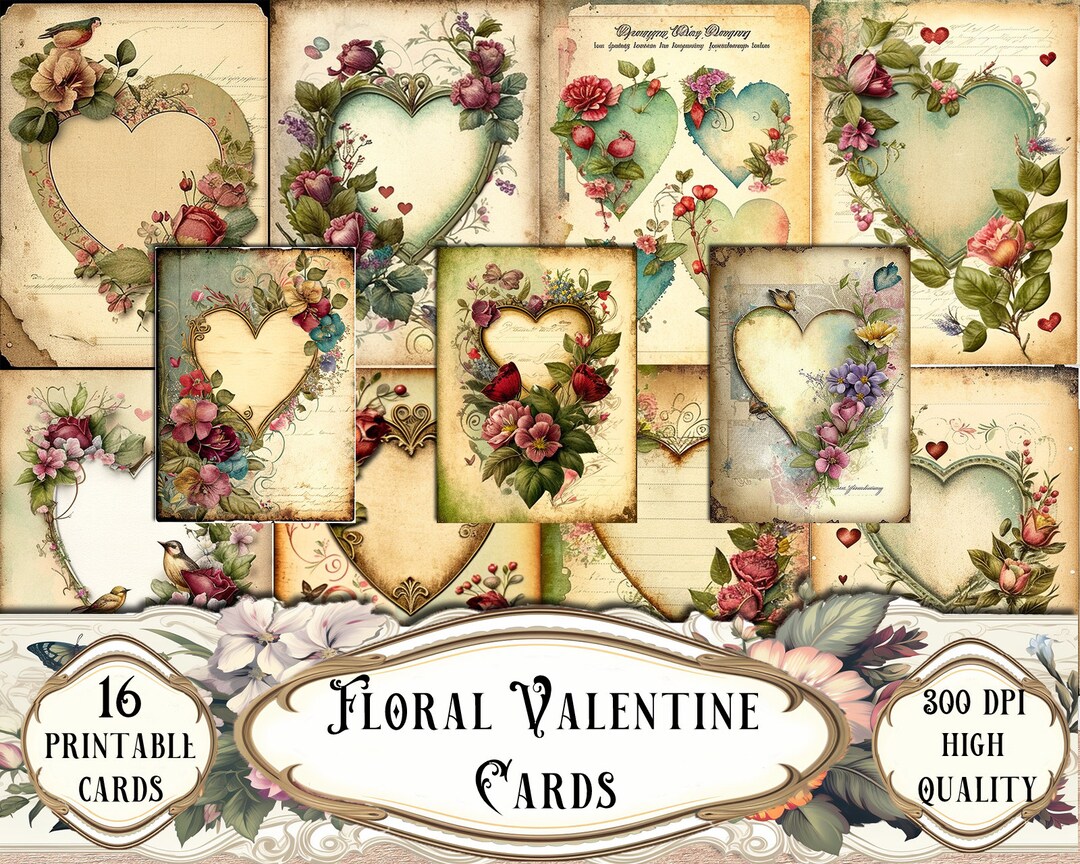 Floral Valentine Printable ATC Cards, Junk Journal Kit, Scrapbooking ...