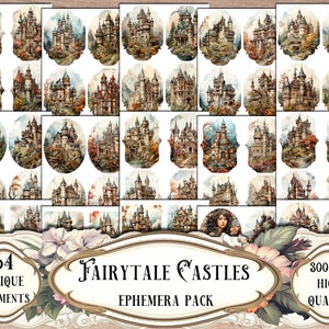 Pacote de coisas efêmeras de castelos, kit de diário de lixo, álbum de recortes, suprimentos para álbum de recortes, suprimentos de diário de lixo, folhas de colagem, cortes exigentes, impressão e corte