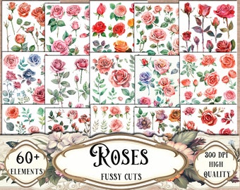 Roses Fussy Cuts: Printable Stickers, Junk Journal Ephemera (Digital Download)