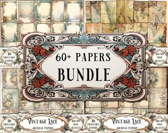May include: A digital collage sheet with 60+ vintage style papers in a bundle. The papers feature floral designs, maps, and lace patterns. The text "60+ PAPERS BUNDLE" is displayed in a decorative frame.