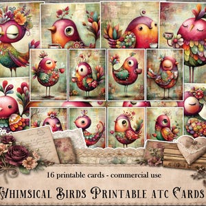 Whimsical Birds Printable ATC Cards, Junk Journal Kit, Scrapbooking Supplies, Ephemera, Digital Download