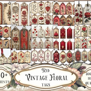 Etichette floreali vintage rosse, effimere, tagli elaborati, etichette, materiali per diari spazzatura, materiali per scrapbooking, creazione di biglietti, adesivi stampabili, artigianato