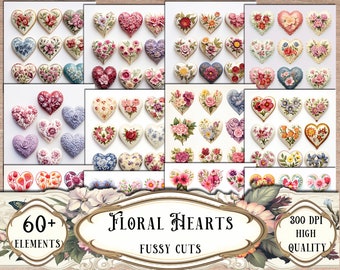 Floral Hearts Fussy Cuts, Printable Stickers, Junk Journal Kit, Printable Ephemera, Scrapbooking, Scrapbook Supplies, Collage Sheets, Craft