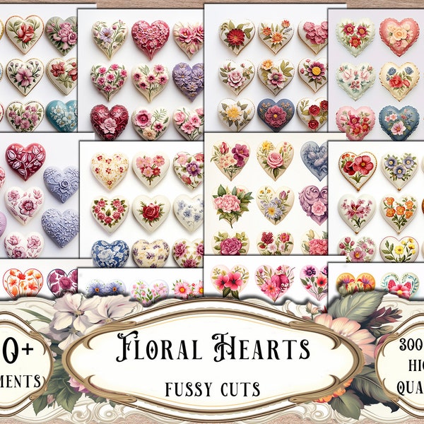 Floral Hearts Fussy Cuts, Printable Stickers, Junk Journal Kit, Printable Ephemera, Scrapbooking, Scrapbook Supplies, Collage Sheets, Craft