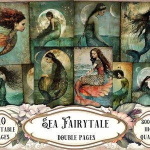 Sea Fairytale dubbele dagboekpagina's, junkjournaalkit, afdrukbare papieren, digitale papieren, kortstondige, scrapbooking, plakboekbenodigdheden, kaarten