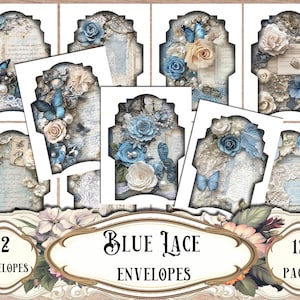 May include: A collection of 12 decorative envelopes and 12 pages with a vintage aesthetic. The envelopes feature blue roses, butterflies, pearls, and lace accents. The text "Blue Lace Envelopes" is displayed in an ornate font.