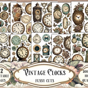Relojes Fussy Cuts, pegatinas imprimibles, kit de diario basura, material efímero imprimible, álbumes de recortes, suministros para álbumes de recortes, hojas de collage, creación de tarjetas