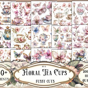 Floral Tea Cups Fussy Cuts: Junk Journal Printable Stickers (Digital Download)