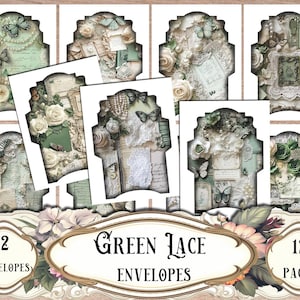 Envelopes de renda verde, envelopes para impressão, envelopes para diário de sucata, envelopes digitais, suprimentos para diário de sucata, scrapbooking, itens efêmeros