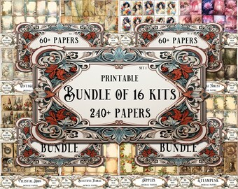 May include: A collection of printable journal papers and kits. The image features a central ornate frame with the text "Printable Bundle of 16 Kits, 240+ Papers." Surrounding the frame are various themed papers, including vintage, floral, and steampunk designs. The color palette includes muted tones.