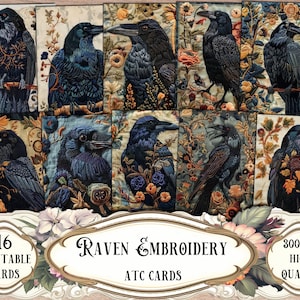 Può includere: 16 carte ATC stampabili con corvi ricamati in vari motivi floreali. Le carte sono di alta qualità 300 DPI e perfette per l'artigianato o lo scrapbooking.