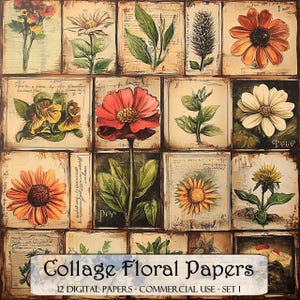 Collage Floral Digital Papers: Junk Journal Scrapbook Kit