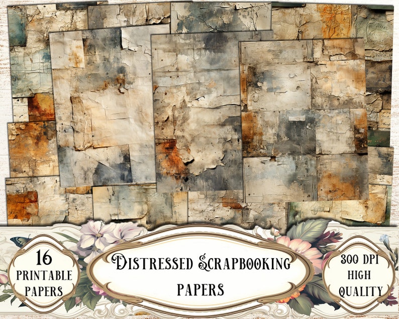 Distressed Scrapbooking Papers, Digital Papers, Junk Journal Kit, Printable Papers, Ephemera, Collage Sheets, Card Making, Grunge Textures image 1