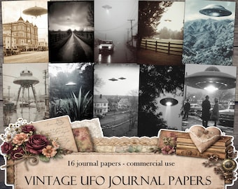 May include: A collection of 16 vintage-style journal papers featuring images of UFOs in various settings. The black and white images include flying saucers over buildings, roads, and landscapes. The title "VINTAGE UFO JOURNAL PAPERS" is displayed at the bottom.