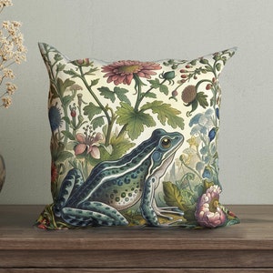 William Morris Inspired Pillow Cover, Farmhouse Frog Pillow, Cottagecore Forest Throw Pillow, Floral Botanical Cushion, Morris Cushion Cover