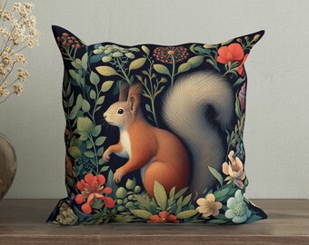William Morris Inspired Squirrel Pillow Cover, Chic Farmhouse Animal Pillow, Cottagecore Squirrel Throw Pillow, Forest Floral Cushion