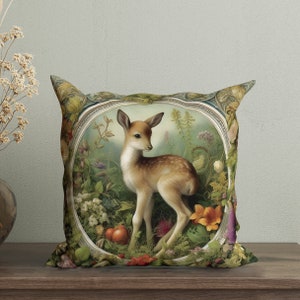 Funda de almohada inspirada en William Morris con diseño de cervatillo, elegante almohada con diseño de animales de granja, almohada decorativa estilo cottagecore, cojín botánico con diseño de bosque, ciervo encantado