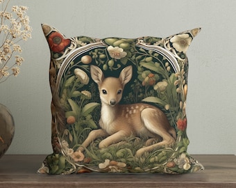 William Morris Deer in a Forest Pillow Cover, Farmhouse Deer Pillow, Cottagecore, Floral Throw Pillow, Forest Fawn Floral Botanical Cushion