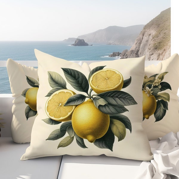 Citrus Fruits Throw Pillows and Cushion Covers with Lemon Botanical Illustration - Yellow Decorative Pillow for Modern Farmhouse - Set of 4