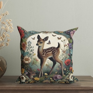William Morris Inspired Pillow Cover, Cottagecore Deer Cushion, Vintage Animal Decorative Throw Pillow, Forest Farmhouse Cushion Cover