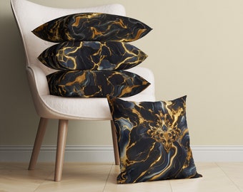 Luxury Double-Sided Throw Pillows and Cushion Covers with Black and Gold Marble Print - Golden Veined Marble Decorative Pillows